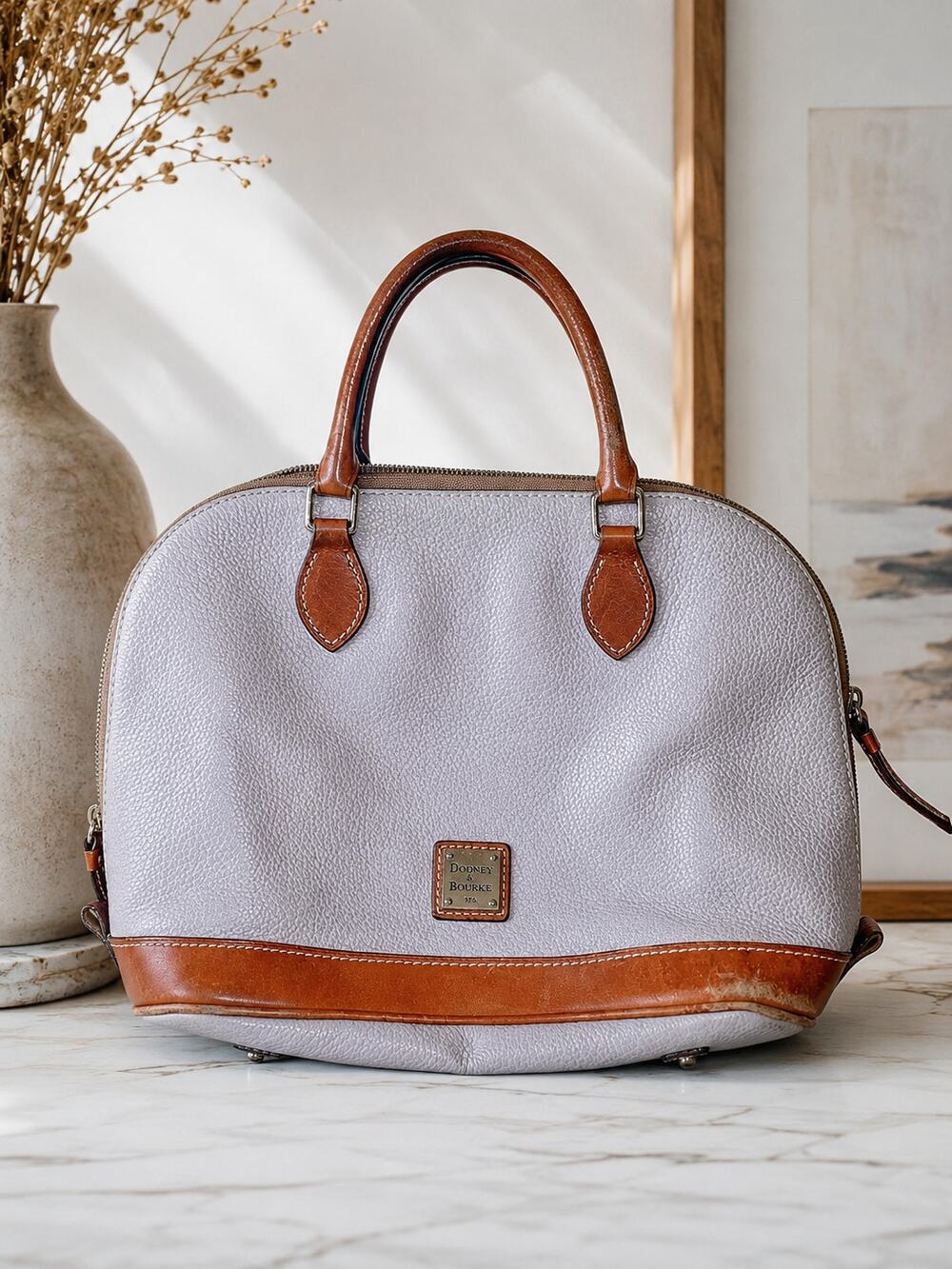Dooney & Bourke Pebbled Leather Satchel in Light Gray and Brown